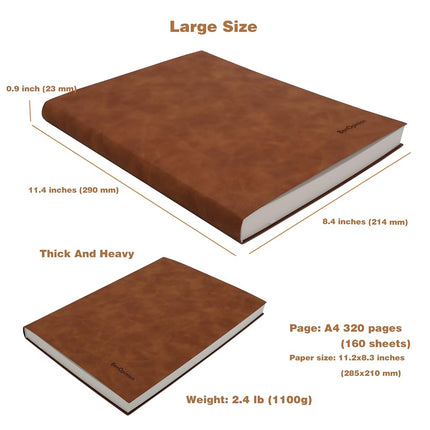 BenOpinion Large Blank Notebook Journal for Writing Drawing, Soft Faux Leather Cover, 100GSM Papers, 320 Pages, A4 8.4x11.4 inches Sketch Book(Brown, Plain)