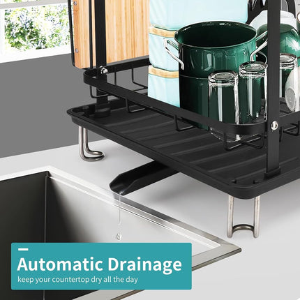 IYEBAU Dish Drying Rack,16.5 * 11.8 * 13.6'' 2 Tier Over The Sink Dishrack Strainer,Large Capacity W/Drainboard and Utensil Holder,Auto-draining,Non-Slip for Kitchen Counter
