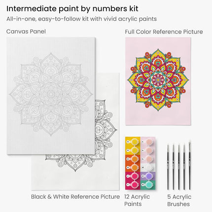 ARTEZA Pintura por números para adultos, 30 x 40 cm, 21 piezas, kit de pintura por números de mandala, incluye 1 panel de lona, 12 botes de pintura acrílica, 5 pinceles, materiales de arte para decoración de pared de casa y oficina