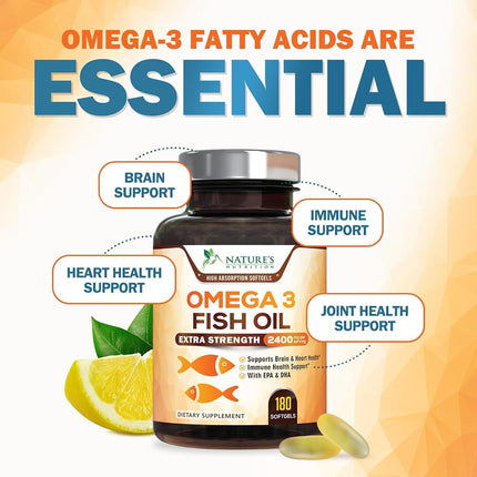 Omega 3 Fish Oil Supplements - 2400mg Fish Oil Per Serving - Triple Strength Omega-3 with EPA & DHA Fatty Acids - Natural Heart, Brain & Immune Support - Wild Caught, Bottled in USA - 180 Softgels