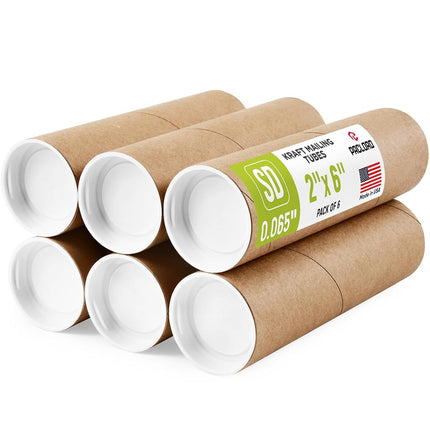 2" x 6" Reinforced Kraft Paper Mailing Tubes, Pack of 6 Tubes with 2 Caps Each – USPS Approved Poster Tube – Made in USA Cardboard Tube for Shipping and Storing Posters, Prints, Artwork, or Documents
