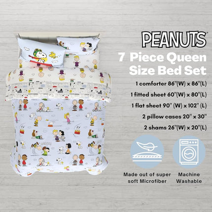 Franco Collectibles Peanuts Multi Character Bedding 7 Piece Super Soft Comforter and Sheet Set with Sham, Queen, (100% Official Licensed Product)