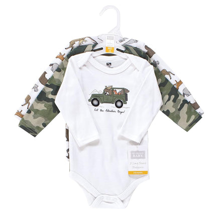 Hudson Baby Baby Boys Cotton Long-sleeve Bodysuits 3-pack, Animal Adventure, Newborn