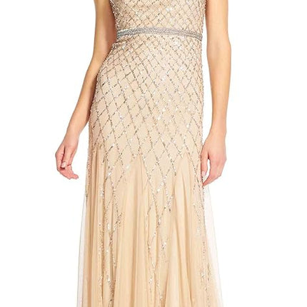 Adrianna Papell womens091904940Short-sleeve Beaded Mesh Gown Short-Sleeve Dress - Metallic - 14 Champagne