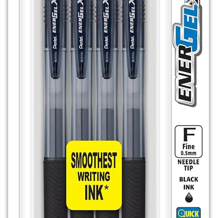 Pentel EnerGel-X Retractable Liquid Gel Pen, 0.5mm, Fine Line, Needle Tip, Black Ink, 4 Pack (BLN105BP4A)