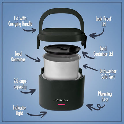 Lonchera eléctrica portátil Nostalgia de 20 onzas con calefacción – Tamaño de viaje, capacidad de 2.5 tazas para sopa, chile y sobras – Tapa sellada de silicona a prueba de fugas, asa de transporte plegable, cable desmontable – Negro