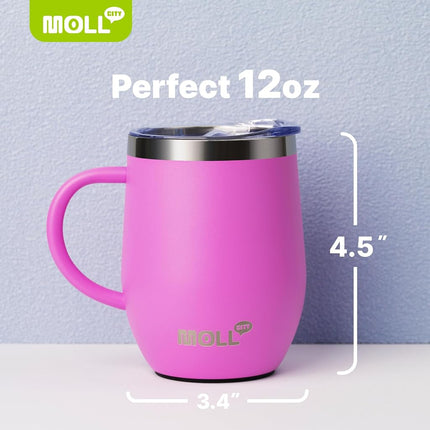 Mollcity 12 oz Tumbler with Handle and Straw-2 Pack Stainless Steel Double Wall Vacuum Insulated Tumbler Cup with Lid-Reusable Metal Travel Cup Leak Proof and BPA Free (Purple-Hot Pink)