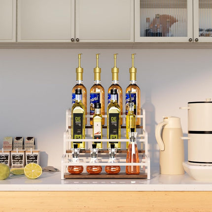 Estante de jarabe de café de 3 niveles para encimera, soporte para jarabe de 12 botellas de gran capacidad con estante de madera y marco de metal para barra de café, estación organizadora de café blanca premium/botellero para almacenamiento de cocina