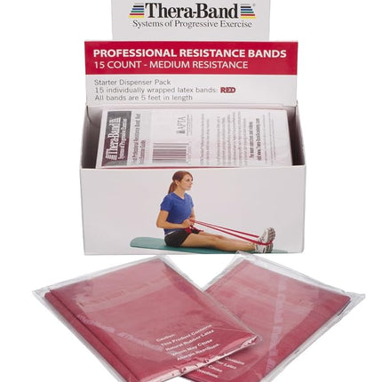 TheraBand Resistance Bands, 5 Foot, 15 Count Professional Latex Elastic Bands For Upper & Lower Body Exercise, Physical Therapy, Lower Pilates, At-Home Workouts, & Rehab, Medium Red, Beginner Level 3