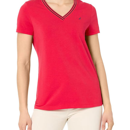 Nautica Women's Solid V-Neck Short Sleeve T-Shirt, Regatta Red, XL