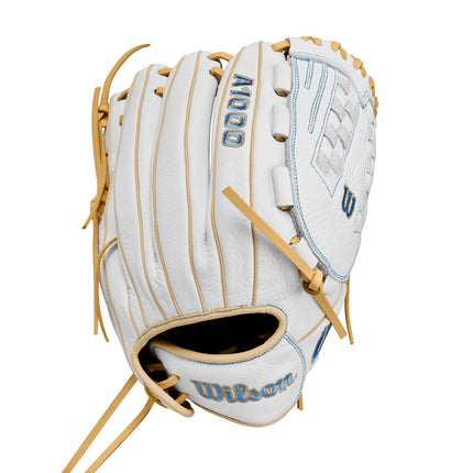 Wilson 2024 A1000® V125 12.5” Outfield Fastpitch Softball Glove - White/Blue/Blonde, Left Hand Throw