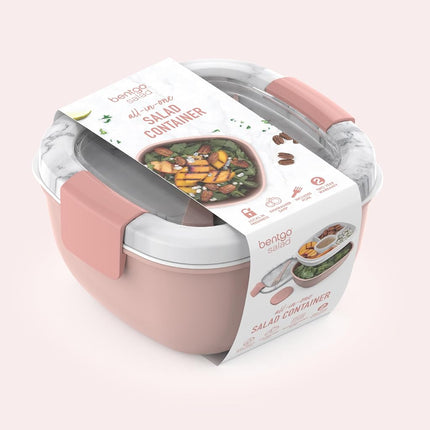 Bentgo® All-in-One Salad Container - Large Salad Bowl, Bento Box Tray, Leak-Proof Sauce Container, Airtight Lid, & Fork for Healthy Adult Lunches; BPA-Free & Dishwasher/Microwave Safe (Blush Marble)