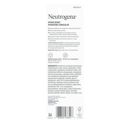 Neutrogena Hydro Boost Hydrating Concealer Stick for Dry Skin, Oil-Free, Lightweight, Non-Greasy and Non-Comedogenic Cover-Up Makeup with Hyaluronic Acid, 40 Medium, 0.12 Oz