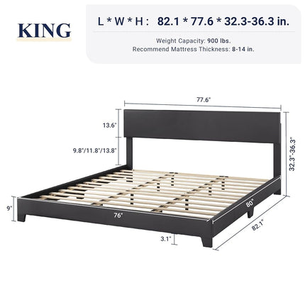 Allewie King Size Bed Frame with Adjustable Headboard, Faux Leather Platform Bed with Wood Slats, Heavy Duty Mattress Foundation, No Box Spring Needed, Noise-Free, Easy Assembly, Black