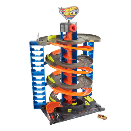 Pista de juguete Hot Wheels Mega Garaje, almacena más de 60 vehículos, incluye 1 vehículo de fundición (Mattel GTT95)