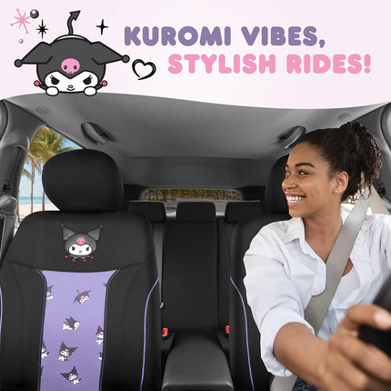 Hello Kitty Kuromi Car Seat Covers - Cute Black and Purple Front Seat Covers with 4PC Carpet Car Floor Mats - Universal Fit for Cars, SUVs & Trucks - Black with Kuromi Print & Purple, Pink Accents