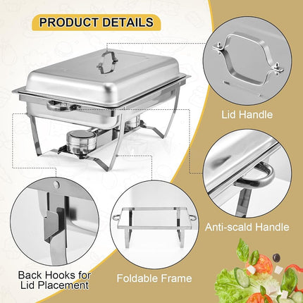 Ensemble de 2 plats de service avec réchaud, 8 litres, en acier inoxydable, avec couvercle, cadre pliant, plats rectangulaires pour fêtes, mariages, événements traiteur, argent
