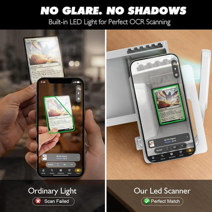Card Scanner Stand with LED Light for TCG & MTG Sports Cards - Hands-Free Phone Mount for ManaBox - Scans Sleeved Cards (20x Sleeves Included) - Foldable Organizer with Premium Gift Box