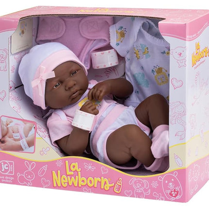 JC Toys La Newborn Nursery African American 8 Piece Layette Baby Doll Gift Set, featuring 14" Life-Like Original Newborn Doll, Pink Baby Doll, Pink African American