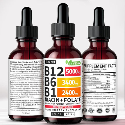 (2 Pack) Vitamin B12 and B6 Liquid Drops, B12 Sublingual Vitamin B Complex - B 12 Vitamin 5000mcg - B12 Methylcobalamin for Energy, Brain, and Heart Support with 27,200 mcg, Raspberry, 80 Servings
