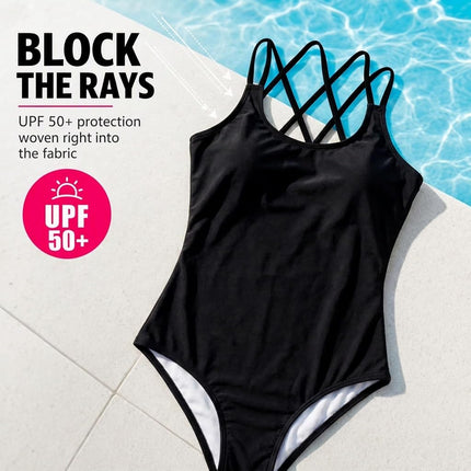 Kanu Surf Girls' Reese UPF 50+ Beach Sport Criss-Cross One Piece Swimsuit, Solid Black, 14