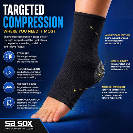 SB SOX Compression Ankle Brace (Pair) – Great Ankle Support That Stays in Place – for Sprained Ankle and Achilles Tendon Support – Perfect Ankle Sleeve for Sports, Any Use (Black/Gray, X-Large)