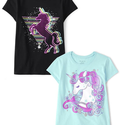 The Children's Place Girls' Short Sleeve Graphic T-Shirt 2-Pack, Dream Unicorn/Galaxy Unicorn, Medium