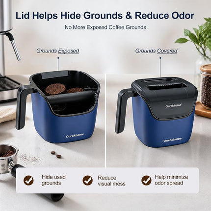 Ourokhome Espresso Knock Box with Lid, Compact Coffee Grounds Container for Home Coffee Bar, Removable Knock Bar, 304 Stainless Steel Exterior, Non-Slip Base & Handle, Easy Clean (Deep Blue)