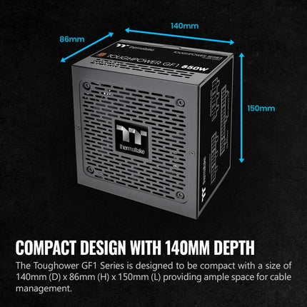 Fuente de alimentación Thermaltake GF1 (2024) ATX 850W completamente modular - 80 Plus Gold - Ultra silenciosa - Cero RPM, PS-TPD-0850FNFAGU-P