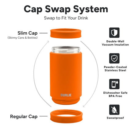 DUALIE 3 in 1 Insulated Can Cooler - Universal Size for 12 oz Cans, Slim Cans, and Bottles - Orange