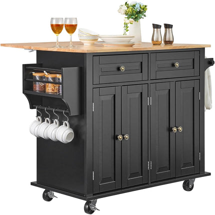 VEVOR Kitchen Island Cart, 43" Wood Top Mobile Carts with Storage Cabinet, Rolling Table with Drop Leaf, Spice Rack, Towel Bar, Adjustable Shelf, Drawer, and Hooks, Portable Islands on Wheels, Black
