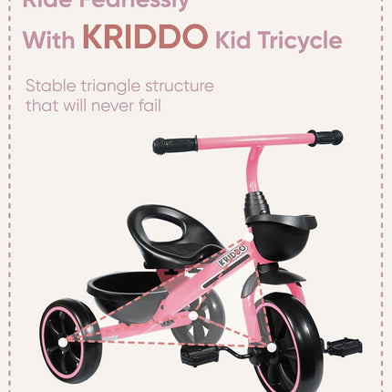 KRIDDO Kids Tricycles Age 24 Month to 5 Years, Toddler Kids Trike for 2.5 to 5 Year Old, Gift Toddler Tricycles for 2-4 Year Olds, Trikes for Toddlers, Pink