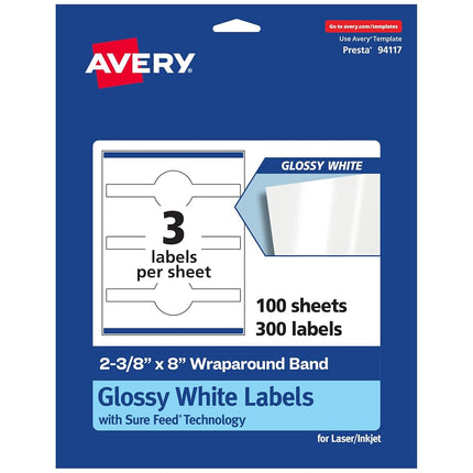 Avery Glossy White Cigar Labels with Sure Feed, 2-3/8" x 8", 300 Glossy White Labels, Permanent Label Adhesive, Laser/Inkjet Printable Labels