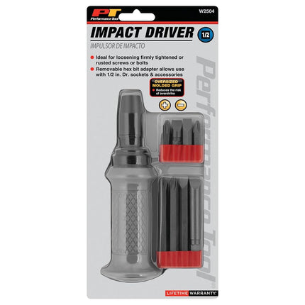 Performance Tool W2504 1/2-Inch Manual Reversible Impact Driver - Flathead 5/16 & 3/8 & Phillips #2 & #3 Bits for Most Common Applications - Disengage Brake Caliper Screws, Rusted Fasteners or Frozen