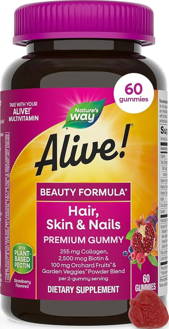 Alive! Premium Hair, Skin and Nails Multivitamin with Biotin and Collagen, 60 Count