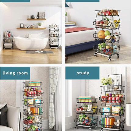 CarolynDesign 6 Tiers Rolling Kitchen Cart, Black Iron Wire Storage Bins with Wheels and Feet, Stackable Vegetable Storage Baskets