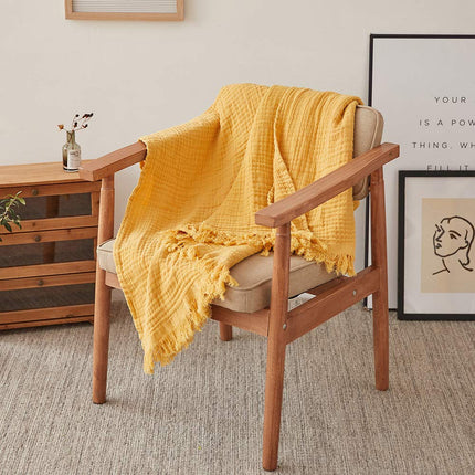 Simple&Opulence Plaid en mousseline de coton pour lit, canapé, couverture tissée en gaze avec pompons, douce, légère, confortable, prélavée, respirante, décoration de ferme pour toutes les saisons (jaune)