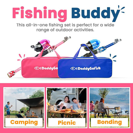DaddyGoFish Kids Fishing Pole - Rod Reel Combo Tackle Box Starter Set - First Year Small Dock Gear Kit for Boys Girls Toddler Youth Age Beginner Little Children Junior Anglers (2 Pack Blue + Pink 4ft)
