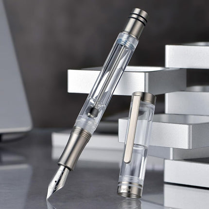 Asvine V200 Titanium Fountain Pen Vacuum Filling, Iridium Medium Nib Clear Transparent Acrylic Smooth Writing Pen Case Set
