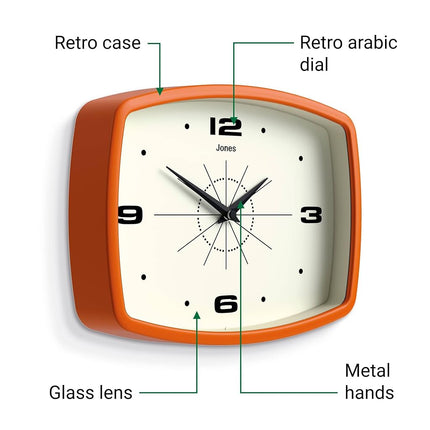 JONES CLOCKS® Movie wall Clock | Rectangular Retro Clock | 10" | Orange | Cool mid-Century Designer Look for Kitchen, Living Room or Office