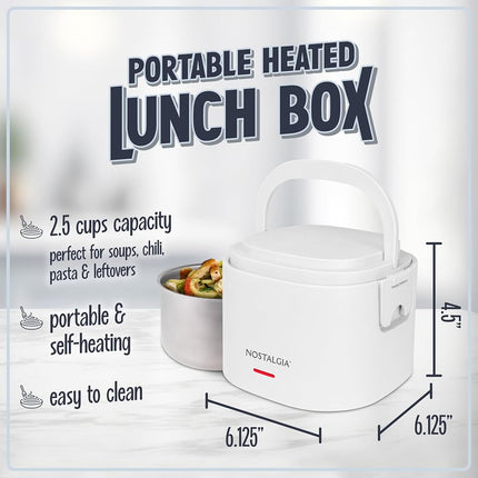 Lunch Box Chauffante Électrique Portable Nostalgia 20 oz – Taille Voyage 2,5 Tasses pour Soupe, Chili et Restes – Couvercle Hermétique en Silicone Anti-Fuite, Poignée de Transport Pliable, Cordon Amovible – Blanc