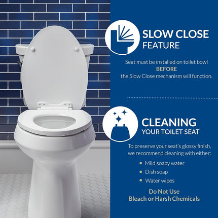 Mayfair 1826BGSL 000 Benton Toilet Seat with Brushed Gold Hinges Will Slow Close and Never Come Loose, Elongated, Durable Enameled Wood, White