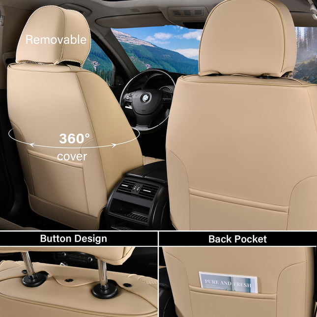Fundas de asiento de cuero Coverado para coche, fundas de asiento de coche impermeables, juego completo, transformaciones 2 en 1, protector de asiento de coche, accesorios de coche de ajuste universal para la mayoría de coches, SUV y camiones, color beige