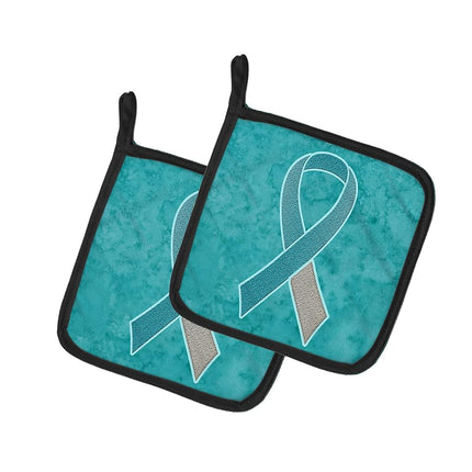 Caroline's Treasures AN1215PTHD Teal and White Ribbon for Cervical Cancer Awareness Pair of Pot Holders, Kitchen Heat Resistant Pot Holders Sets Oven Hot Pads for Cooking Baking BBQ,