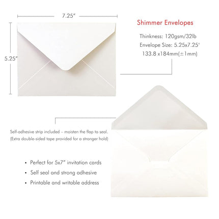 PONATIA 50 PCS/Pack A7 Envelopes, 5.25 x 7.5'' Shiny Ivory Envelopes, Perfect 5x7 Envelopes for Wedding Invitation Cards, Christmas Gift Cards Envelopes, Acrylic Invitations, Photos