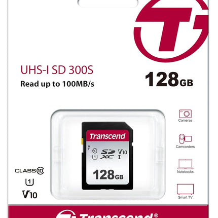 Transcend SDC300S 128GB SDXC Class 10 U1 V10 Memory Card, Speed up to 100MB/s for Digital Cameras TS128GSDC300S