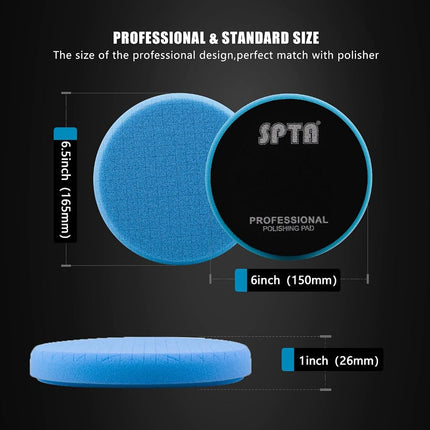 SPTA Blue Polish Pad, Buffing Polishing Pads, 3Pcs 6.5 Inch Face for 6 Inch 150mm Backing Plate Compound Buffing Sponge Pads for Car Buffer Polisher Compounding, Polishing and Waxing -FPTSS6B-3