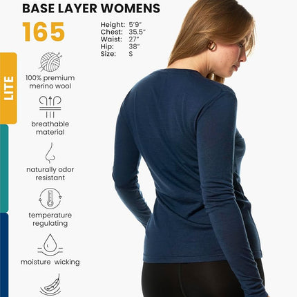 Merino.tech 100% Merino Wool Base Layer Women Shirt & Socks - All-Season (XX-Large, 165 Navy)