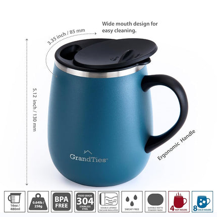 GrandTies Insulated Coffee Mug with Handle - Sliding Lid for Splash-Proof 16 oz Wine-Glass Shape Thermal Tumbler with Double Walled Vacuum Stainless Steel to Keeps Beverages Hot or Cold (Cobalt Blue)