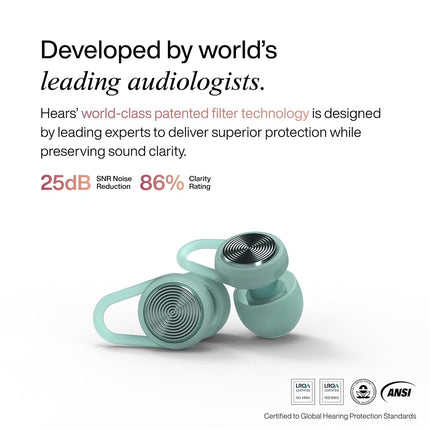 Hears Plus Ear Plugs for Noise Reduction - Patented Reusable Concert Earplugs, 25dB SNR Sound Reduction, Hypoallergenic for Musicians, Motorcycle and Sleeping with 4 tip Sizes - Tropical Green